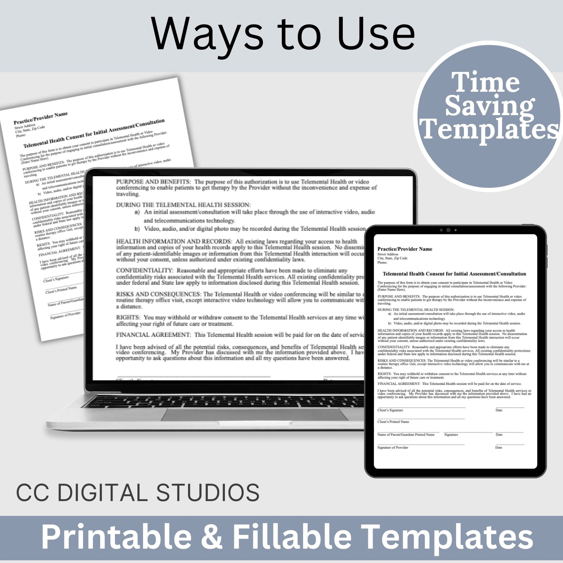 Telemental Health Consent for Initial Assessment template, professionally designed for private practice therapist offices. Perfect for psychologists, counselors, therapists, consent form.