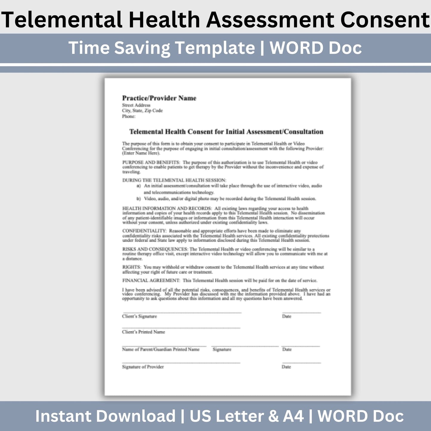 Telemental Health Consent for Initial Assessment template, professionally designed for private practice therapist offices. Perfect for psychologists, counselors, therapists, consent form.