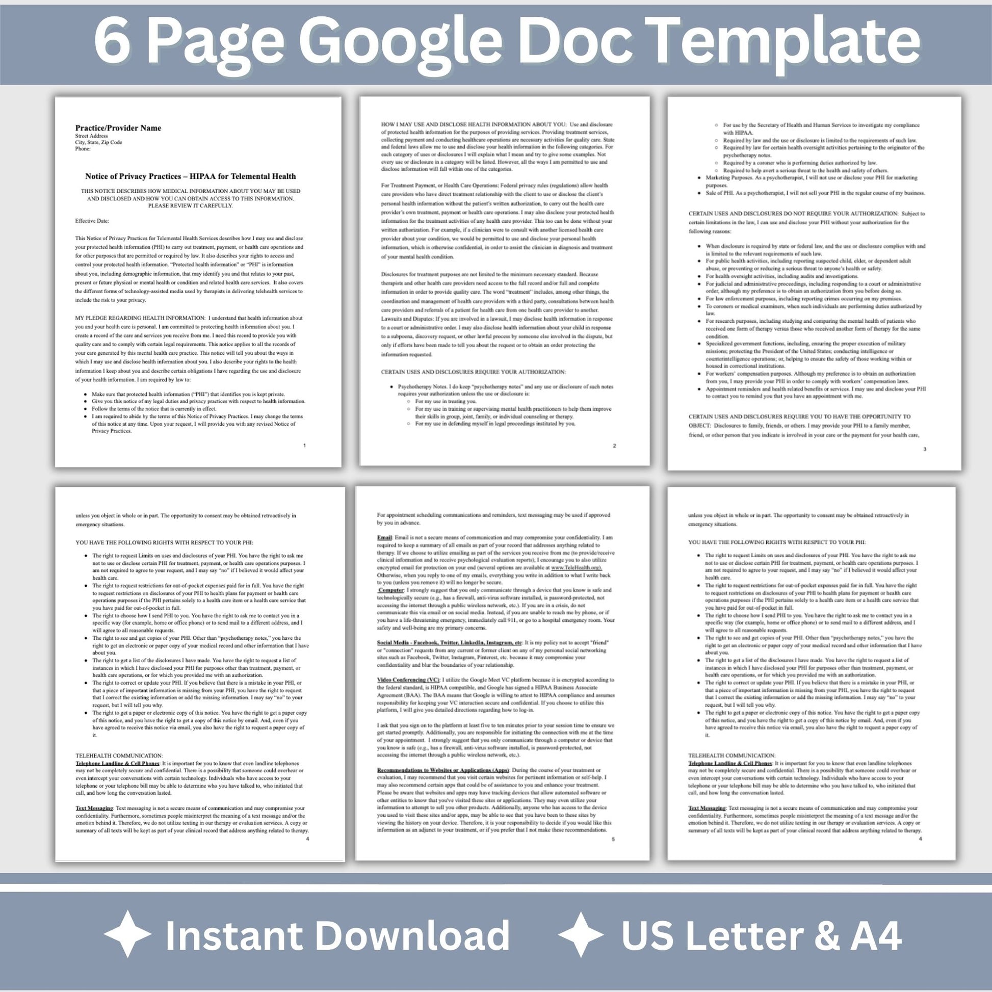 Telemental Health HIPAA Form, Notice of Privacy Practices for Therapist Office,  Telehealth Consent Forms, Counseling Forms, Client Intake