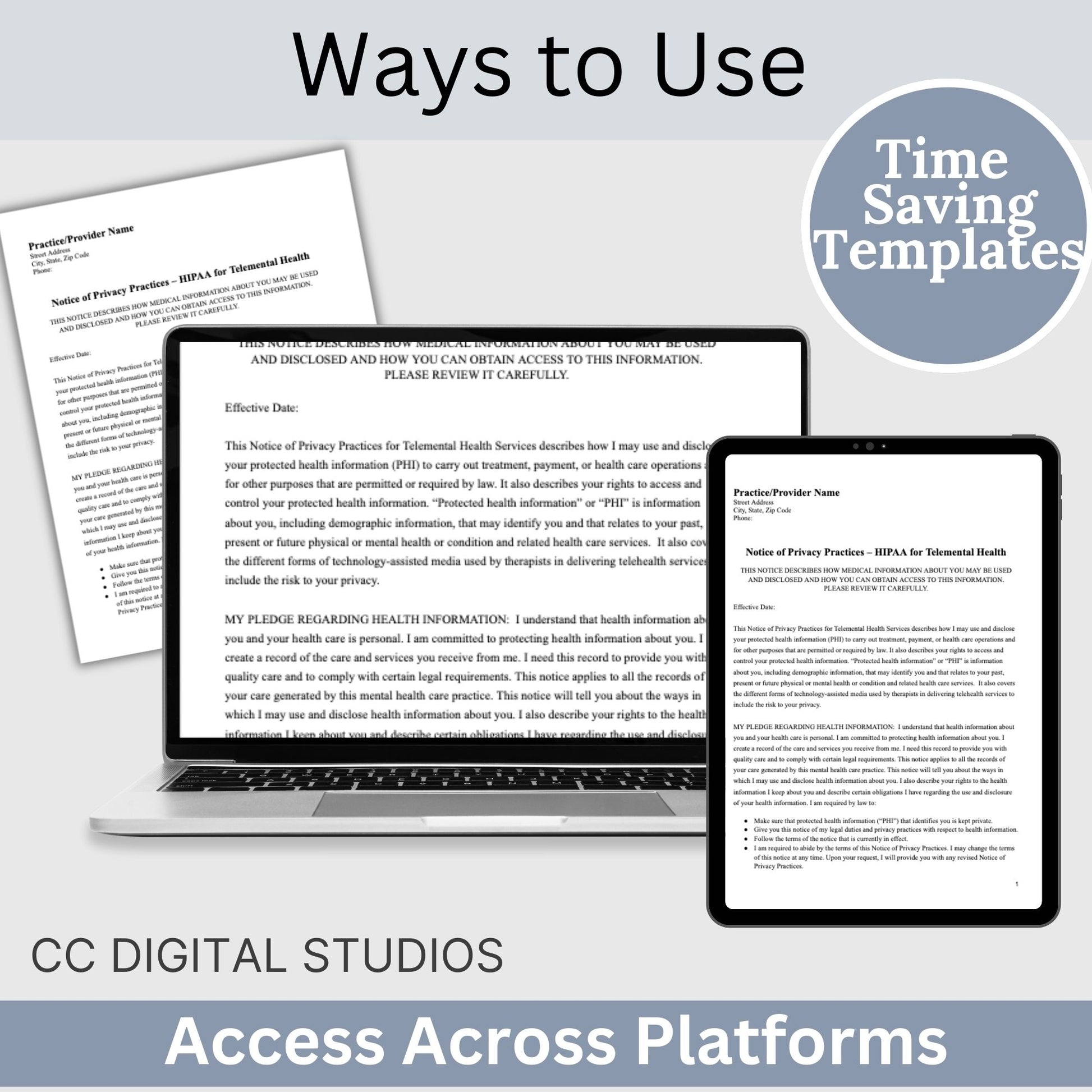 Telemental Health HIPAA Form, Notice of Privacy Practices for Therapist Office,  Telehealth Consent Forms, Counseling Forms, Client Intake