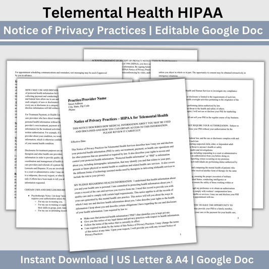 Telemental Health HIPAA Form, Notice of Privacy Practices for Therapist Office,  Telehealth Consent Forms, Counseling Forms, Client Intake
