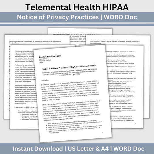 Telemental Health HIPAA Form, Notice of Privacy Practices for Therapist Office,  Telehealth Consent Forms, Counseling Forms, Client Intake