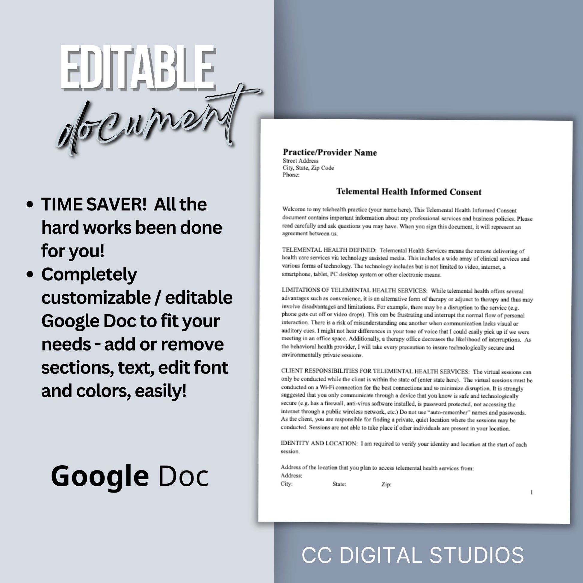 Telemental Health Informed Consent Template, professionally designed for private practice therapist offices.  This consent template provides a clear, and comprehensive guide to the services you offer remotely. Mental Health Consent, counseling forms