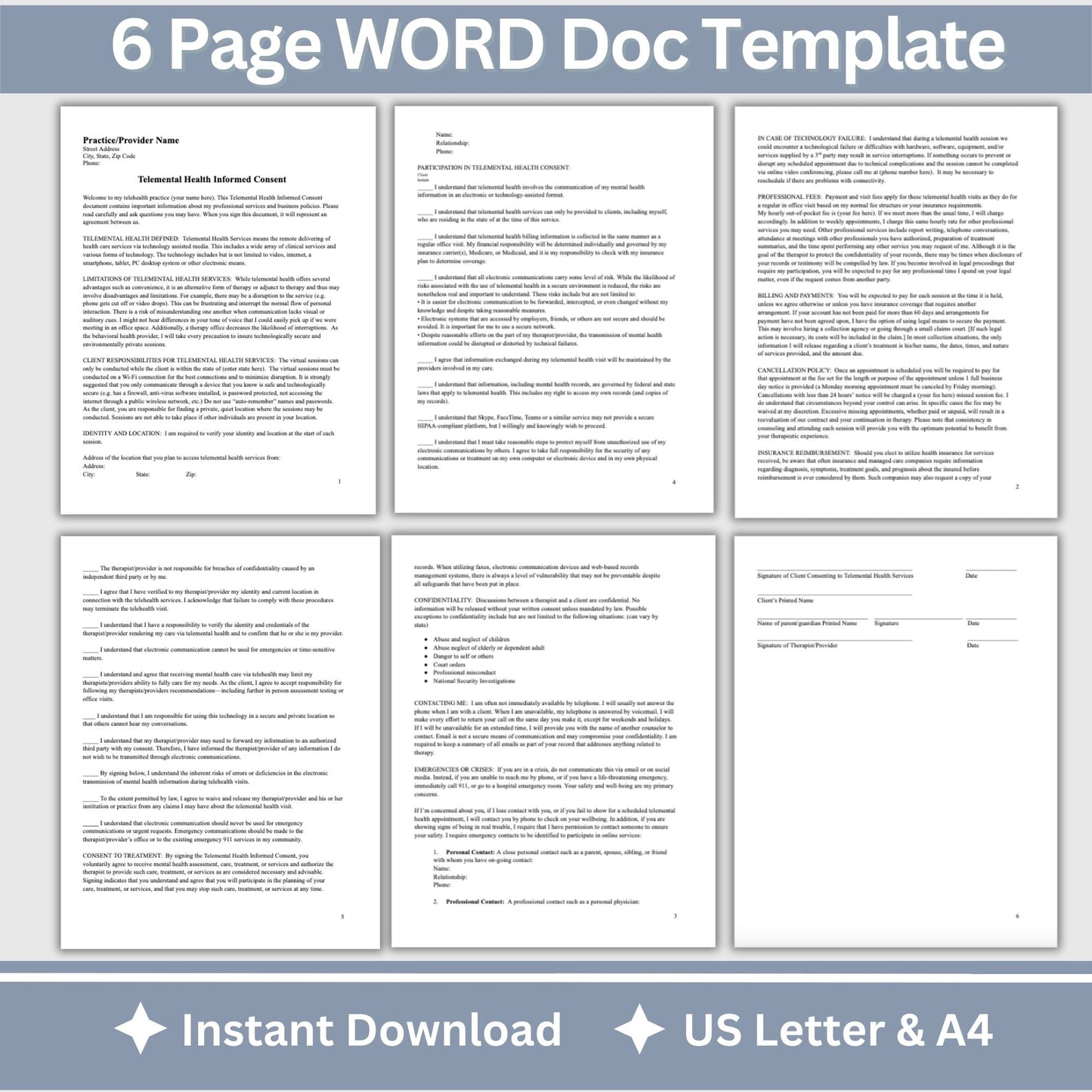 Telemental Health Informed Consent Template, professionally designed for private practice therapist offices.  This consent template provides a clear, and comprehensive guide to the services you offer remotely. Mental Health Consent, counseling forms