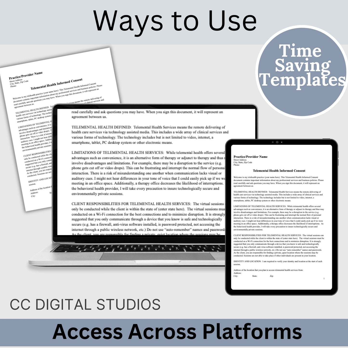 Telemental Health Informed Consent Template, professionally designed for private practice therapist offices.  This consent template provides a clear, and comprehensive guide to the services you offer remotely. Mental Health Consent, counseling forms