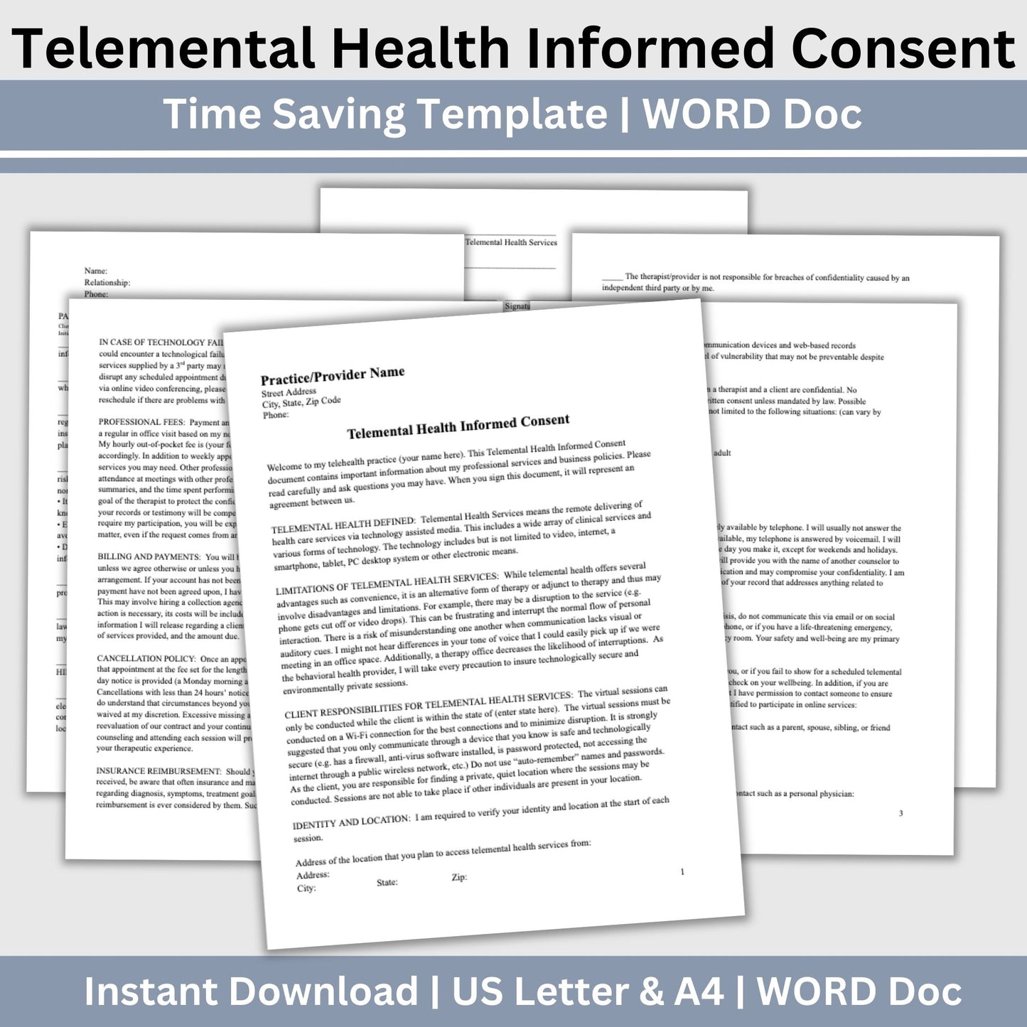 Telemental Health Informed Consent Template, professionally designed for private practice therapist offices.  This consent template provides a clear, and comprehensive guide to the services you offer remotely. Mental Health Consent, counseling forms