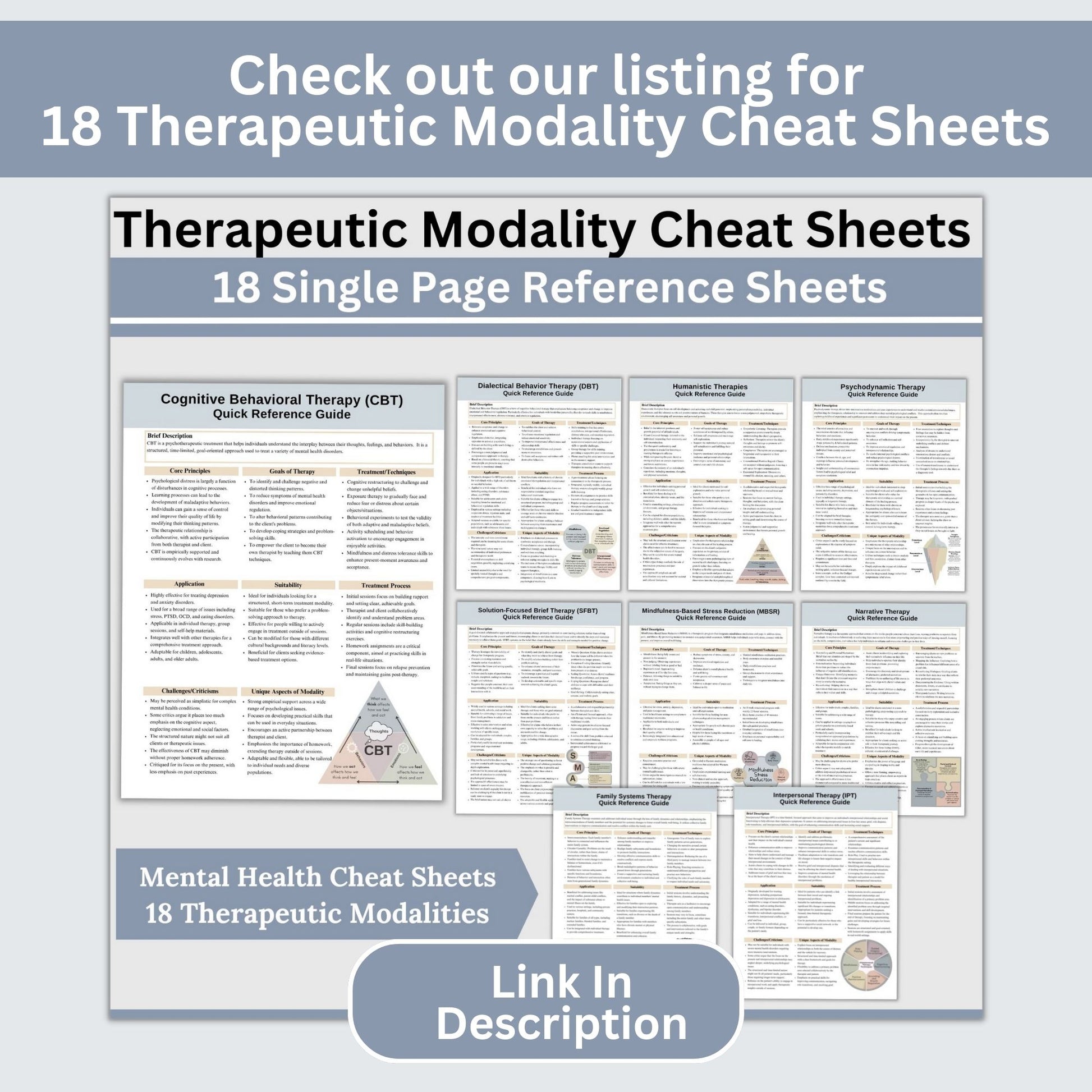 20 mental health infographic cards featuring different therapy modalities and mental health information! For therapists office, social workers, and school counselors, these 3x5 cards for workshops, therapy sessions, and psychoeducation