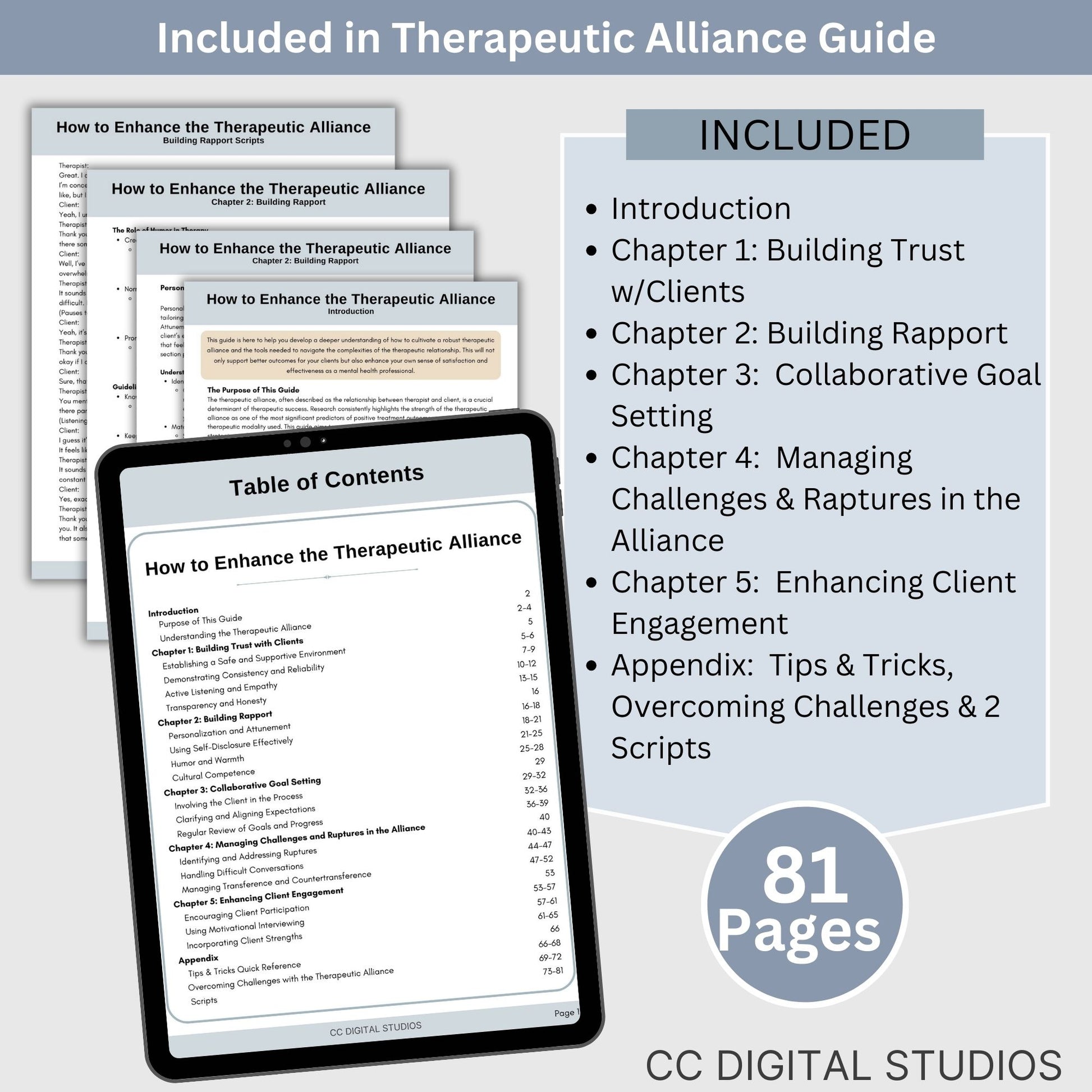 Therapeutic Alliance Guide for Building Rapport with Clients, Therapy Cheat Sheet, Counseling Resource, Therapist Planner for Communication, 81 page mental health client session guide