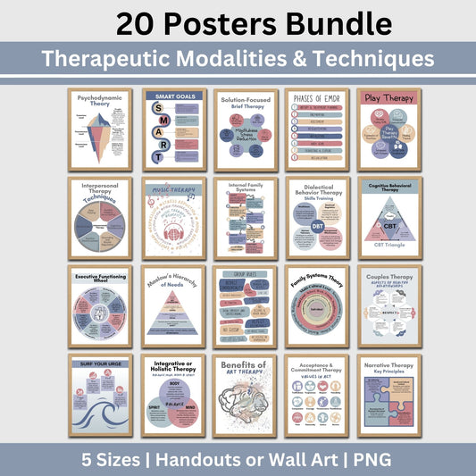 Therapy Wall Art & therapy Handout Bundle. Perfect for therapists, school counselors, and social workers, this collection of 20 mental health posters