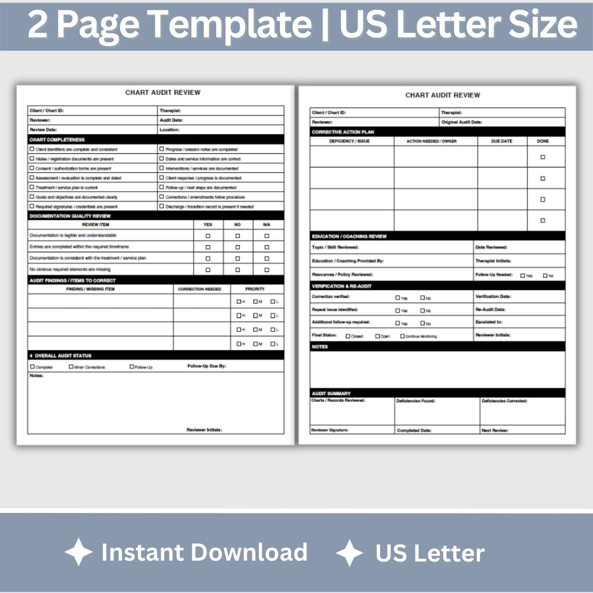Therapist Chart Audit Form, Mental Health Documentation Checklist (Fillable PDF)