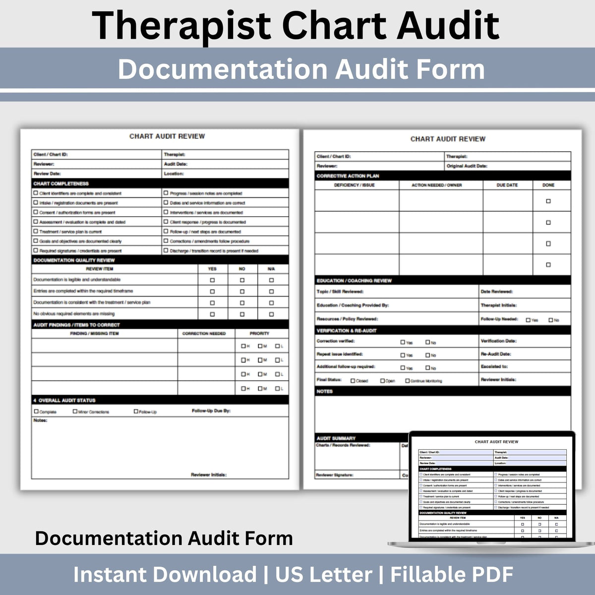 Therapist Chart Audit Form, Mental Health Documentation Checklist (Fillable PDF)