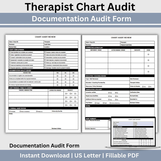 Therapist Chart Audit Form, Mental Health Documentation Checklist (Fillable PDF)