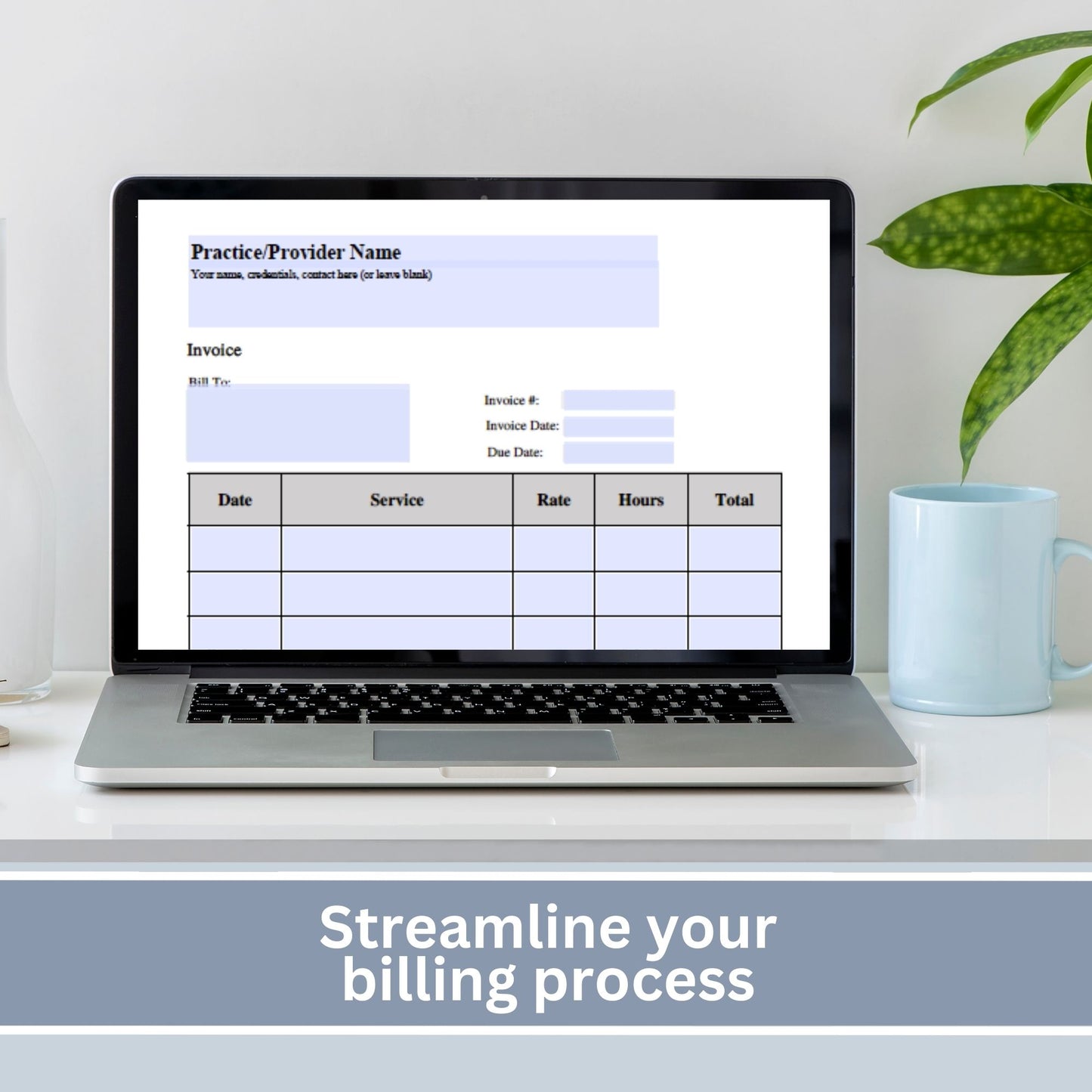 Invoice for billing in private practice.  Impress your clients with clear, concise, and personalized therapist office invoice that reflect your professionalism and attention to detail.