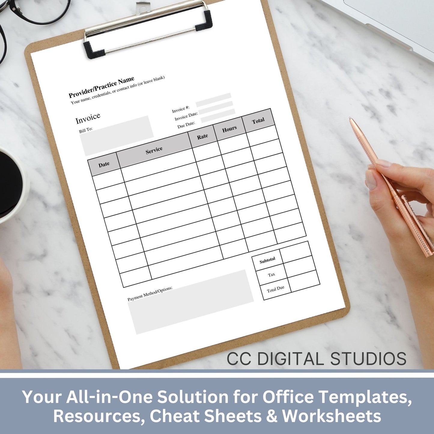 Invoice for billing in private practice.  Impress your clients with clear, concise, and personalized therapist office invoice that reflect your professionalism and attention to detail.