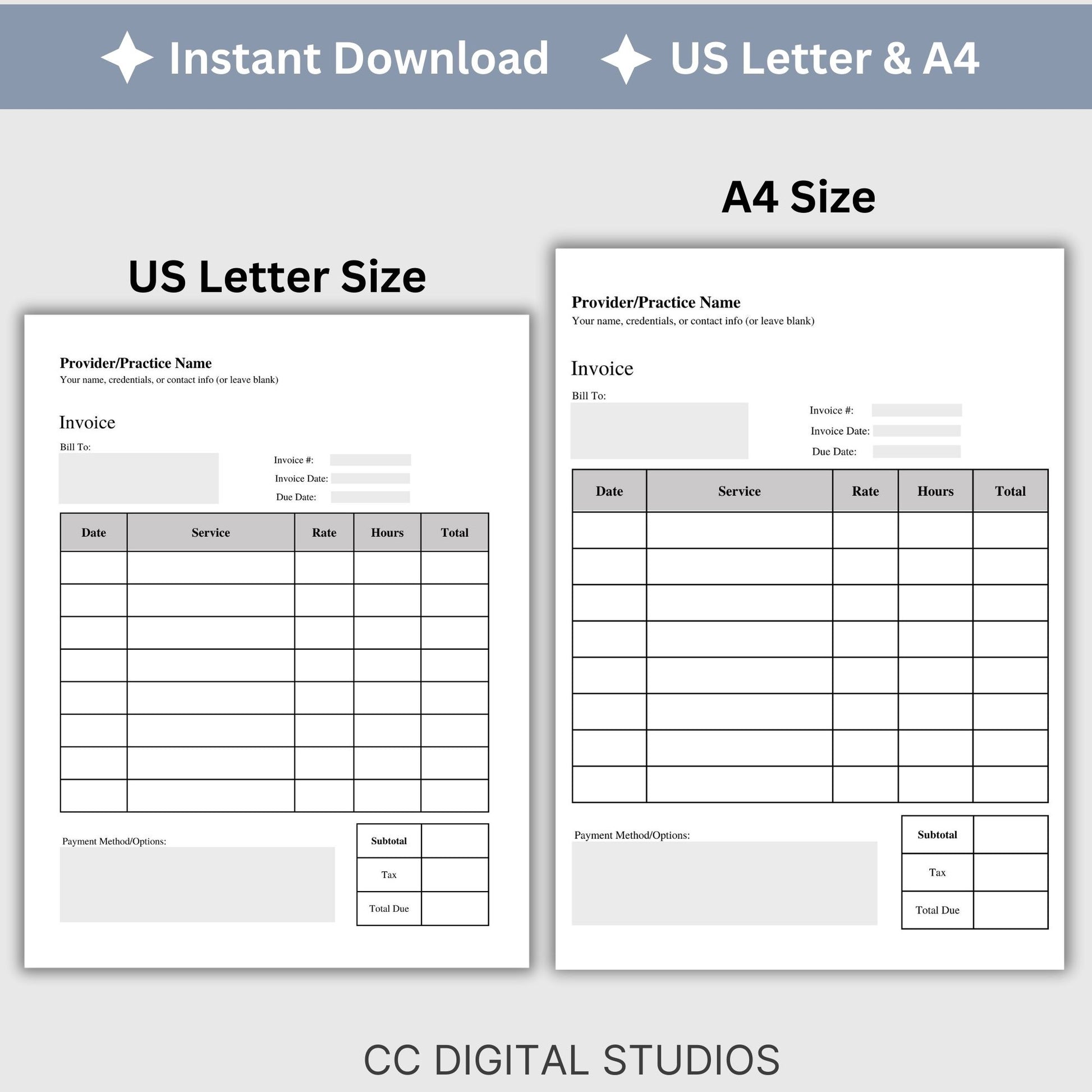 Invoice for billing in private practice.  Impress your clients with clear, concise, and personalized therapist office invoice that reflect your professionalism and attention to detail.