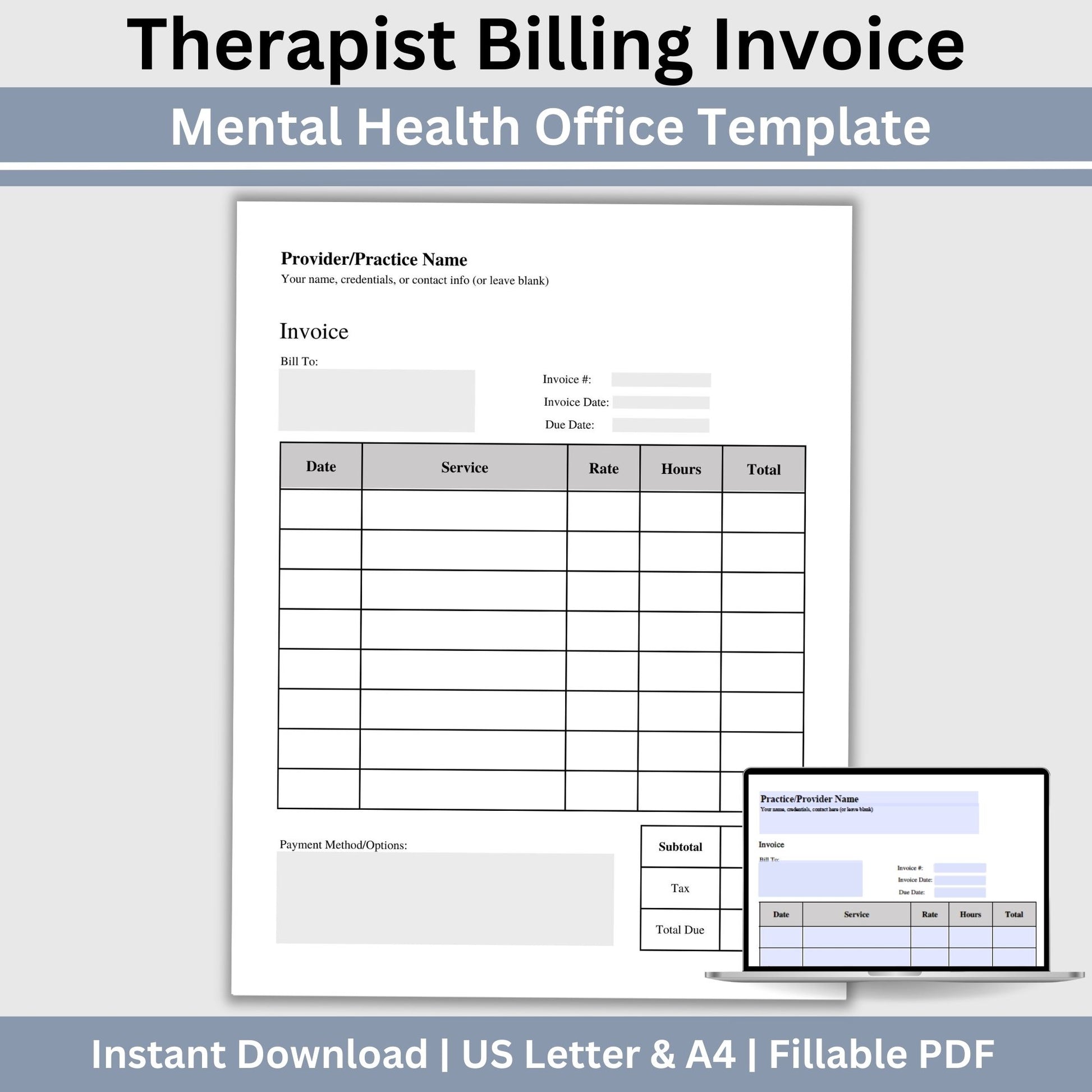 Invoice for billing in private practice.  Impress your clients with clear, concise, and personalized therapist office invoice that reflect your professionalism and attention to detail.