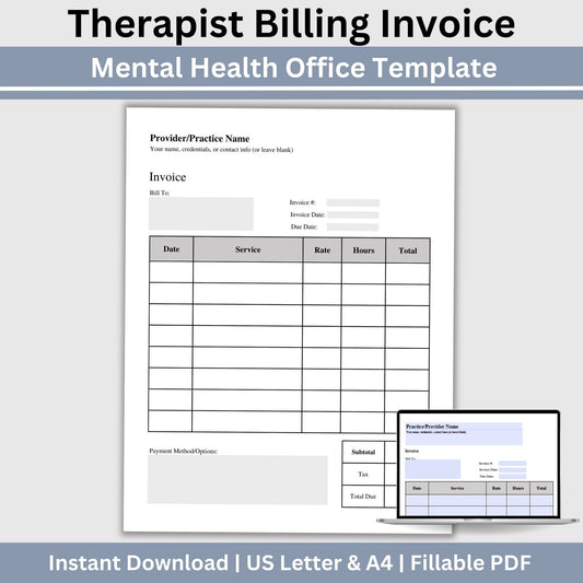 Invoice for billing in private practice.  Impress your clients with clear, concise, and personalized therapist office invoice that reflect your professionalism and attention to detail.