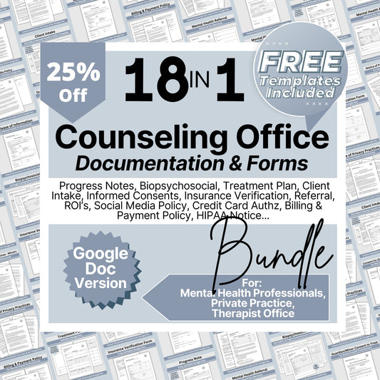 Therapy Notes and Office Policies Practice Practice BUNDLE, Google Doc Counseling Intake, Progress Notes, Treatment Plan, Client Intake. 18 essential forms designed to streamline and organize your client records. Private practice counseling office