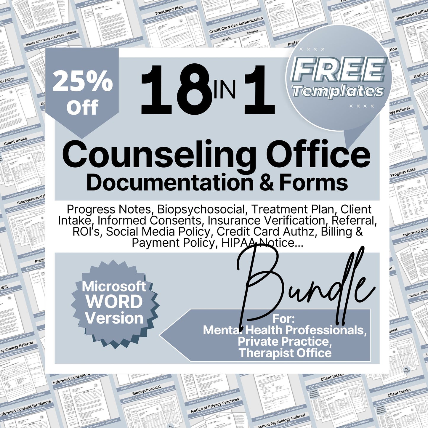 Therapy Notes and Office Policies Private Practice BUNDLE, WORD Doc Counseling Intake, Progress Notes, Treatment Plan, Client Intake. 18 essential forms designed to streamline and organize your client records. Private practice counseling office