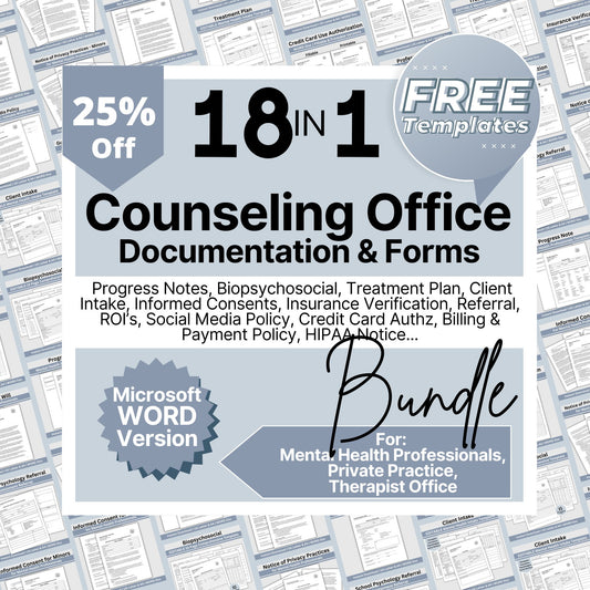 Therapy Notes and Office Policies Private Practice BUNDLE, WORD Doc Counseling Intake, Progress Notes, Treatment Plan, Client Intake. 18 essential forms designed to streamline and organize your client records. Private practice counseling office