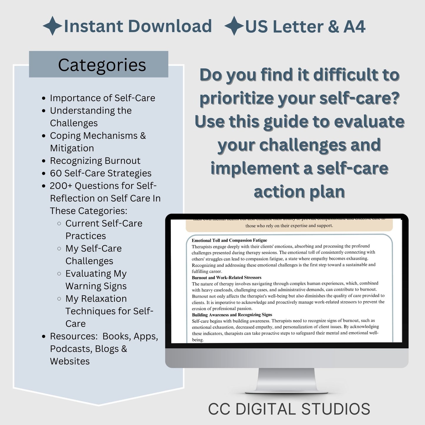 Self-care companion for mental health professionals experiences compassion fatigue and burnout. 200+ Therapy Questions and Self-Reflection prompts, providing therapists with a personalized toolkit to assess and enhance their well-being.