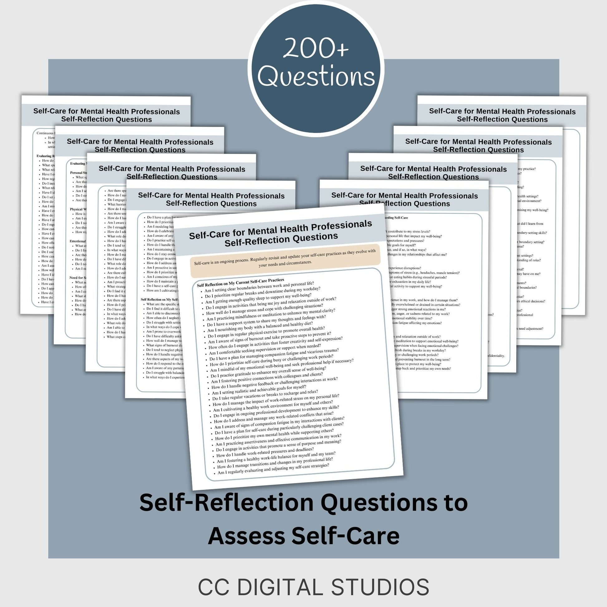 Self-care companion for mental health professionals experiences compassion fatigue and burnout. 200+ Therapy Questions and Self-Reflection prompts, providing therapists with a personalized toolkit to assess and enhance their well-being.