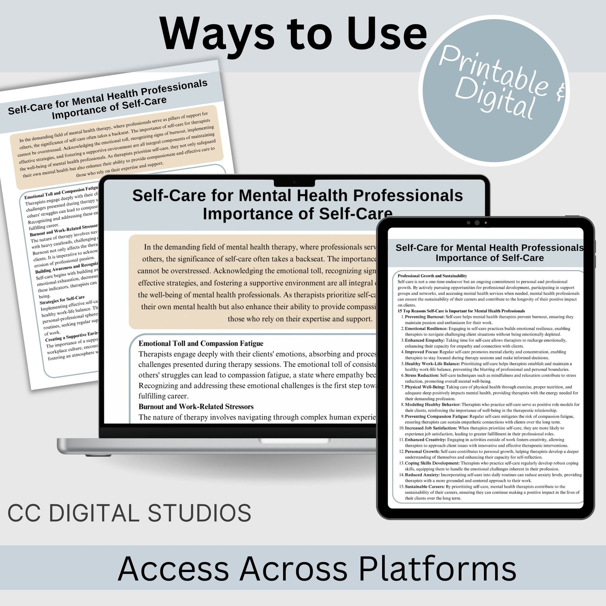 Self-care companion for mental health professionals experiences compassion fatigue and burnout. 200+ Therapy Questions and Self-Reflection prompts, providing therapists with a personalized toolkit to assess and enhance their well-being.