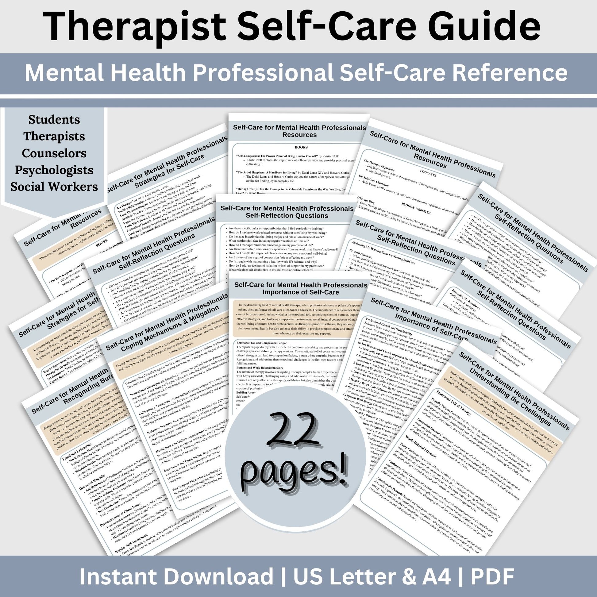 Self-care companion for mental health professionals experiences compassion fatigue and burnout. 200+ Therapy Questions and Self-Reflection prompts, providing therapists with a personalized toolkit to assess and enhance their well-being.