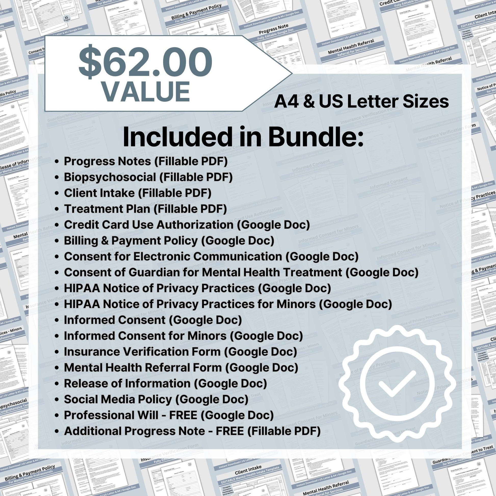 Counseling Forms & Policy Consents Bundle, Therapy Notes for Private Practice, Therapist Office Policies and Consents, PDF and Google Docs.  18 essential forms, progress notes, treatment plans, biopsychosocial assessments, and client intake forms.