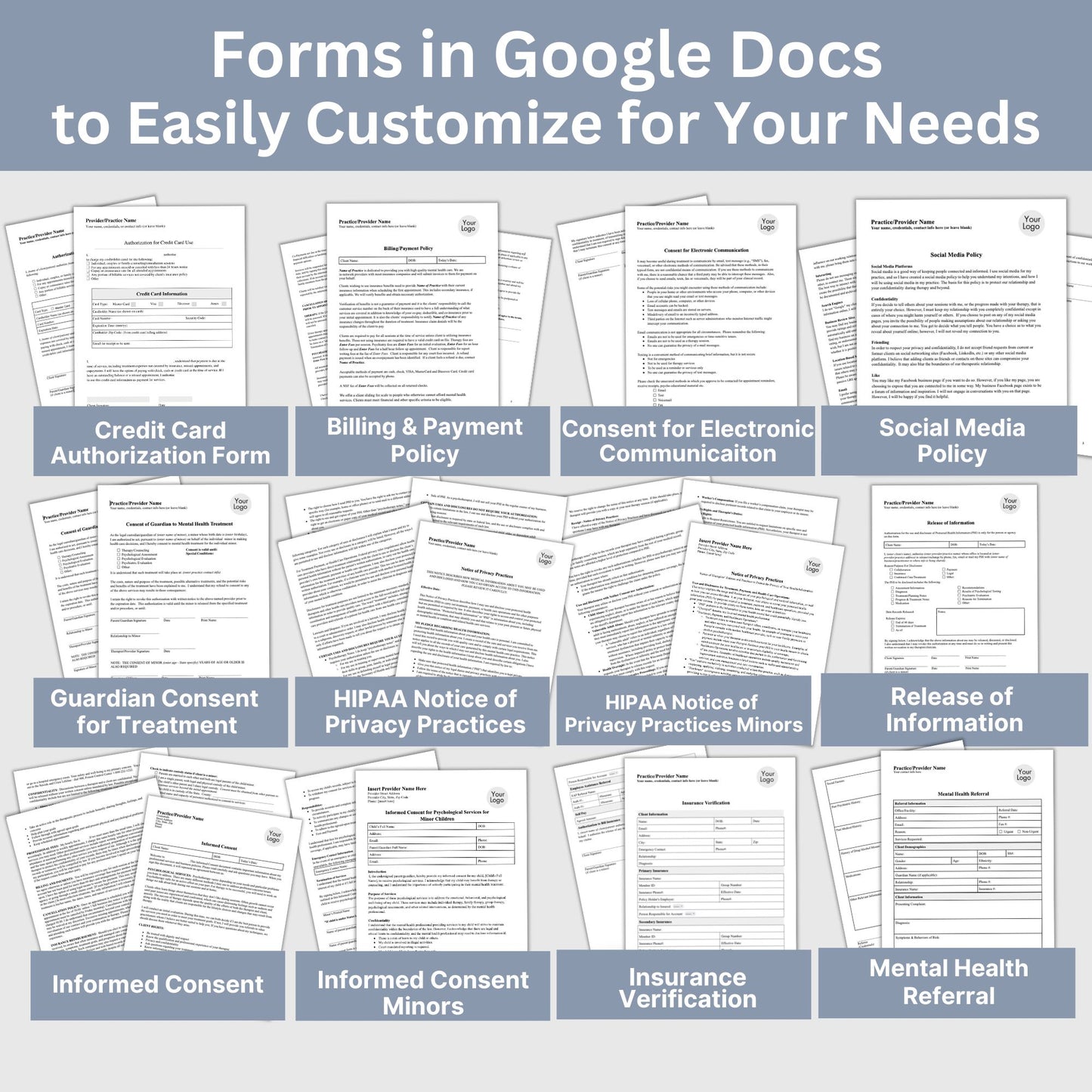 Counseling Forms & Policy Consents Bundle, Therapy Notes for Private Practice, Therapist Office Policies and Consents, PDF and Google Docs.  18 essential forms, progress notes, treatment plans, biopsychosocial assessments, and client intake forms.