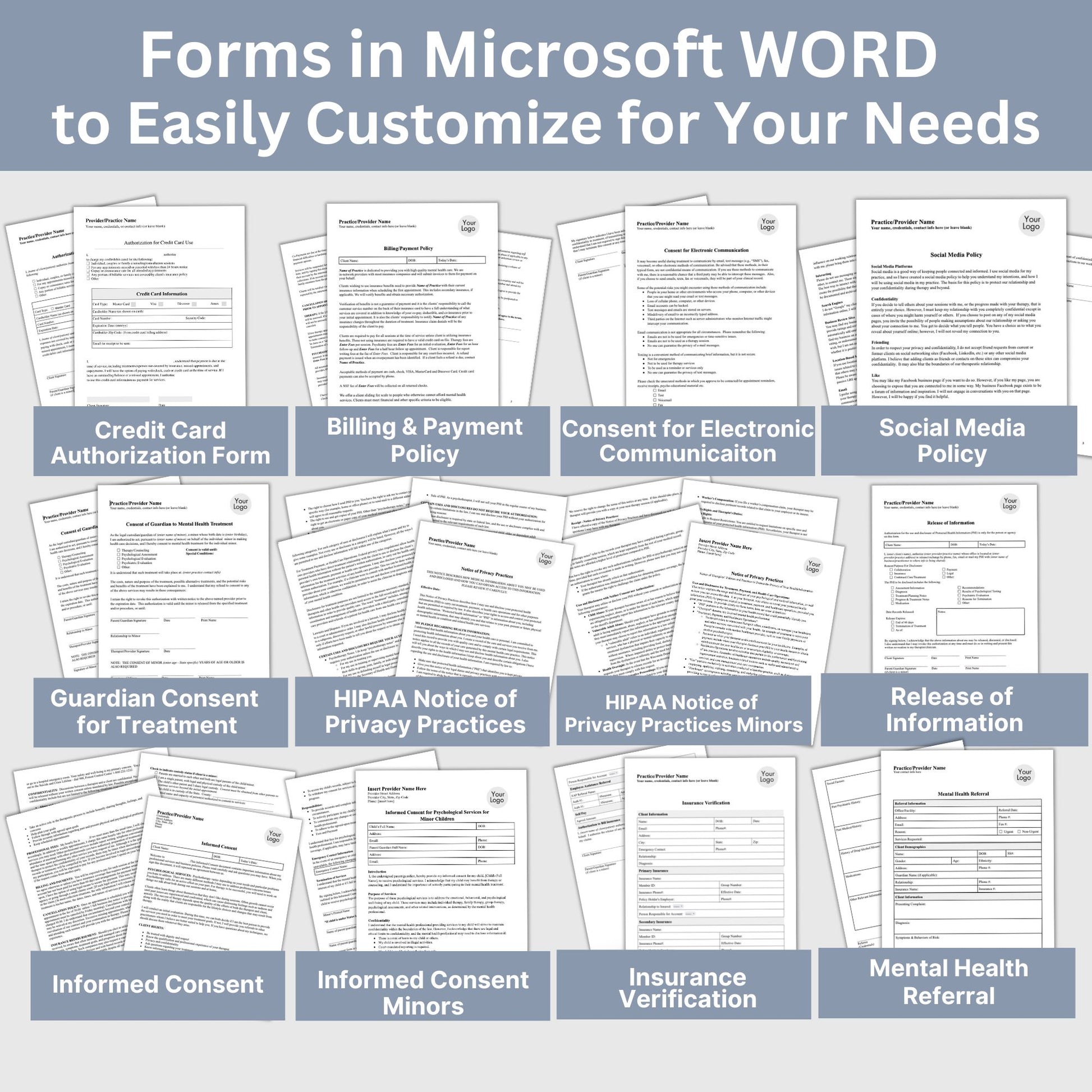 Therapy Notes & Office Policies BUNDLE, WORD Doc, Fillable PDF, Progress Notes, Client Intake, Consents, Private Practice Counseling Form. 21 forms designed to streamline and organize your client records.