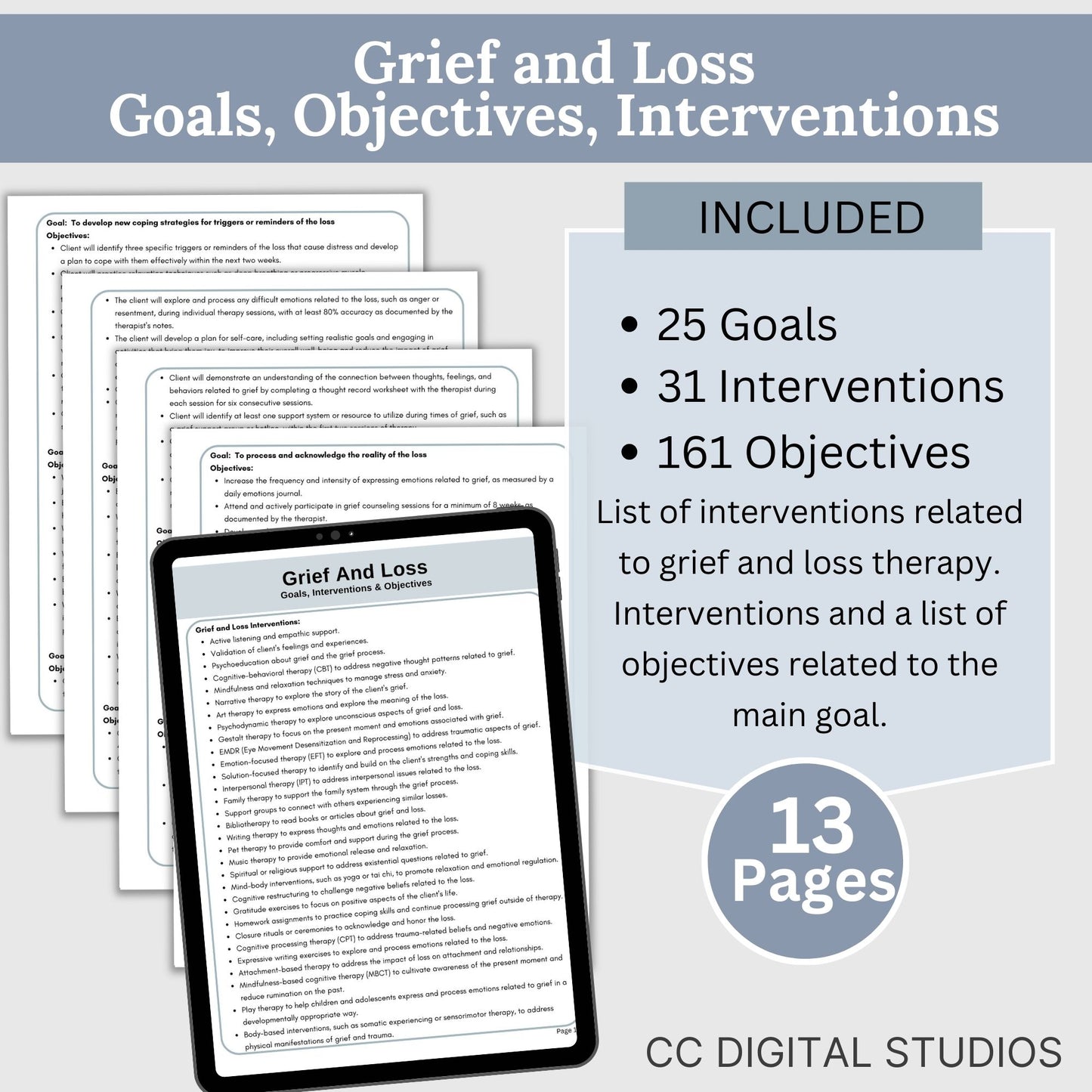 Focus on therapy goals, interventions, and measurable objectives.  Therapy tool treatment plans for Trauma, Grief and Loss, Behavioral Problems and Family Conflict.  It includes 106 goals, 122 interventions and 733 objectives.  Social Worker