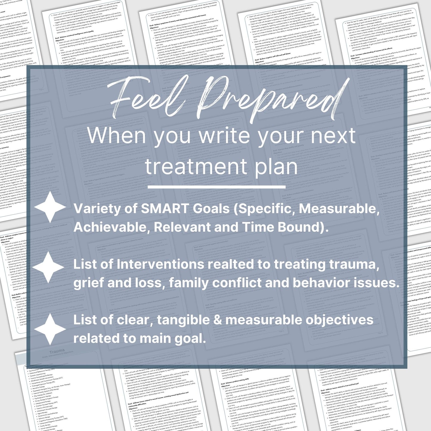 Focus on therapy goals, interventions, and measurable objectives.  Therapy tool treatment plans for Trauma, Grief and Loss, Behavioral Problems and Family Conflict.  It includes 106 goals, 122 interventions and 733 objectives.  Social Worker