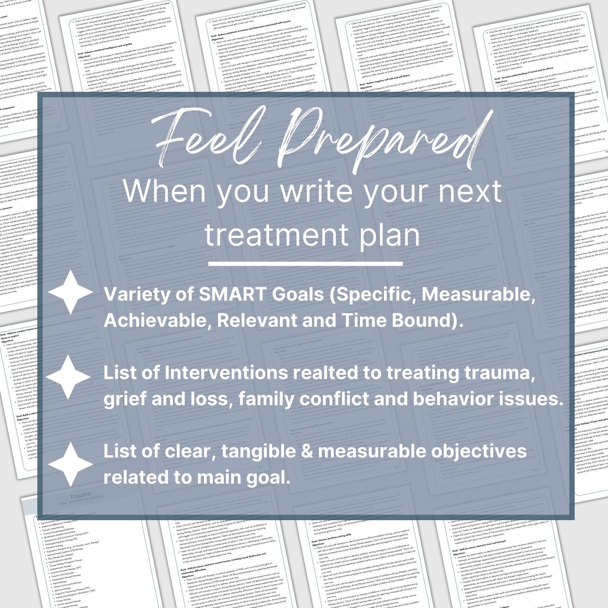 Focus on therapy goals, interventions, and measurable objectives.  Therapy tool treatment plans for Trauma, Grief and Loss, Behavioral Problems and Family Conflict.  It includes 106 goals, 122 interventions and 733 objectives.  Social Worker