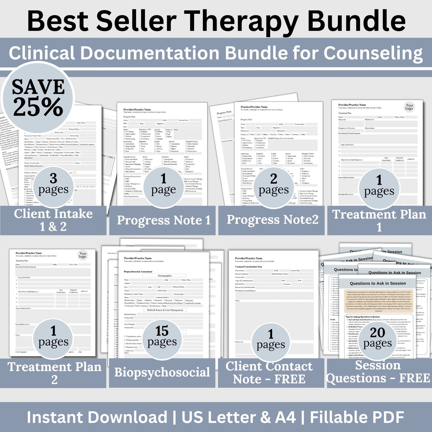 Streamline your therapy practice with our comprehensive bundle designed for mental health professionals. Save 25% on essential templates including client intake forms, progress notes, biopsychosocial assessment, and treatment plans.