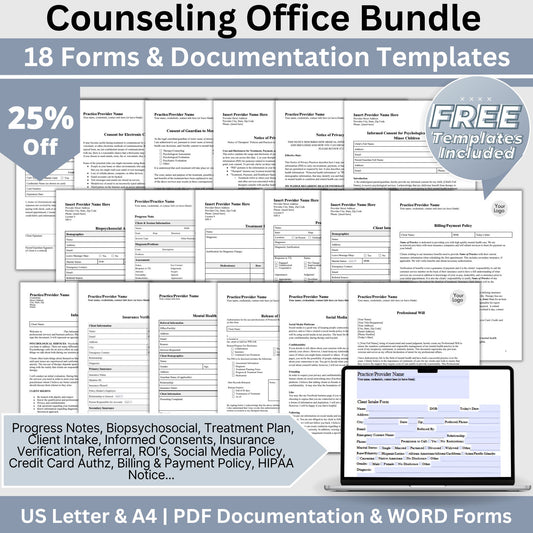 Counseling Forms & Policy Consents Bundle, Therapy Notes for Private Practice, Therapist Office Policies and Consents, PDF and WORD Docs.  18 essential forms, progress notes, treatment plans, biopsychosocial assessments, and client intake forms.