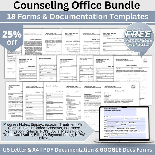 Counseling Forms & Policy Consents Bundle, Therapy Notes for Private Practice, Therapist Office Policies and Consents, PDF and Google Docs.  18 essential forms, progress notes, treatment plans, biopsychosocial assessments, and client intake forms.