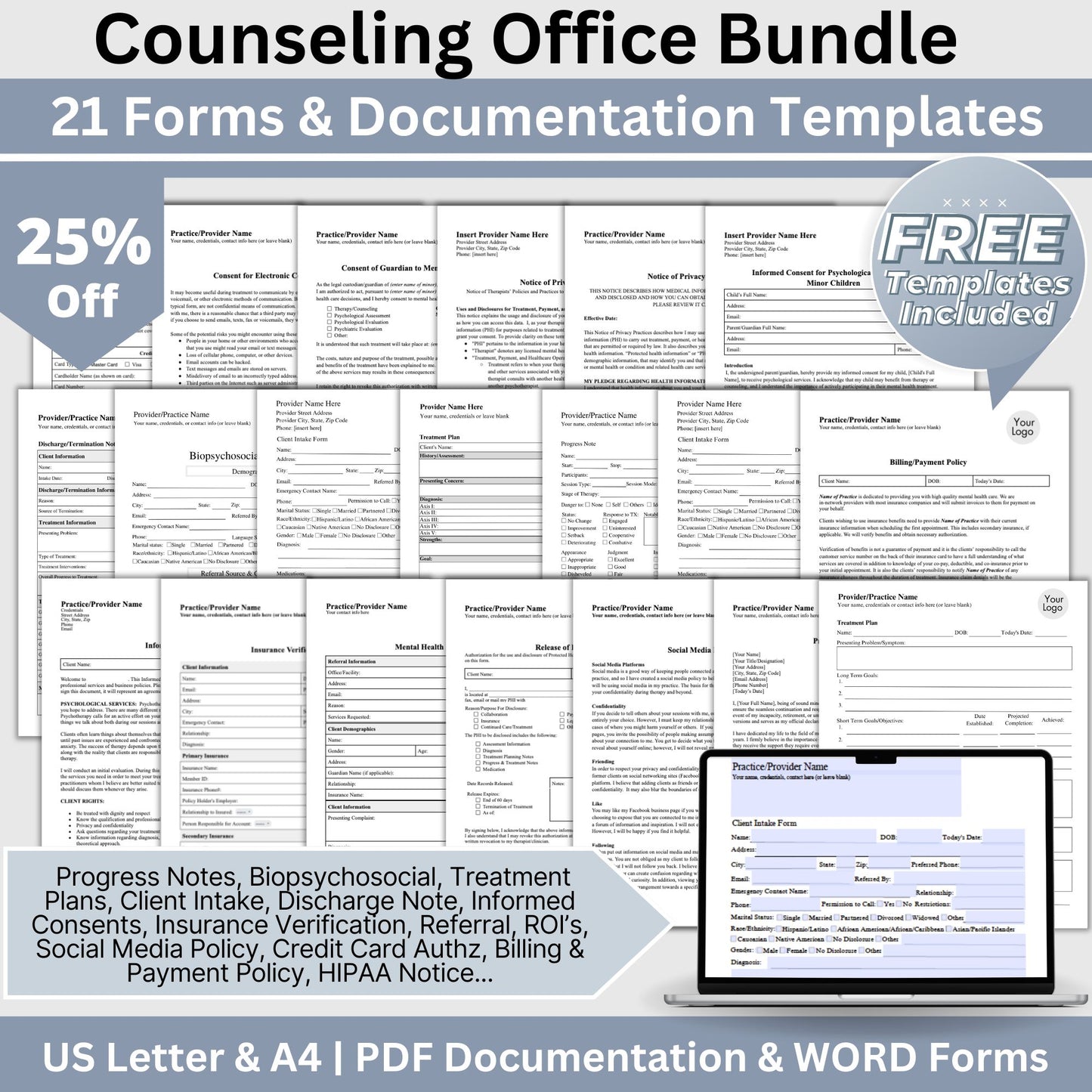 Therapy Notes & Office Policies BUNDLE, WORD Doc, Fillable PDF, Progress Notes, Client Intake, Consents, Private Practice Counseling Form. 21 forms designed to streamline and organize your client records.