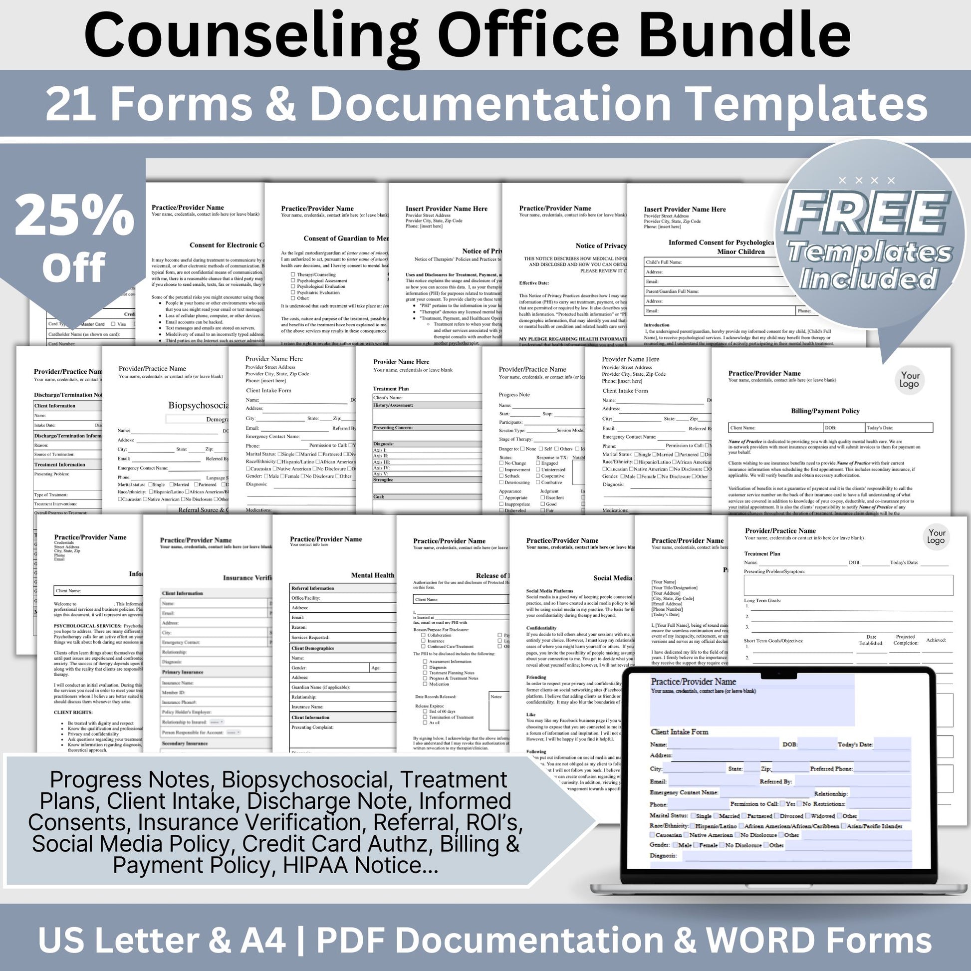 Therapy Notes & Office Policies BUNDLE, WORD Doc, Fillable PDF, Progress Notes, Client Intake, Consents, Private Practice Counseling Form. 21 forms designed to streamline and organize your client records.