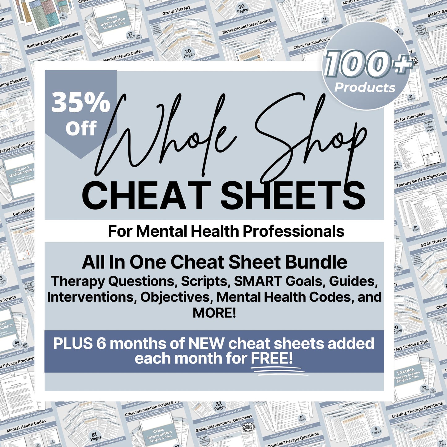 Therapy Cheat Sheet WHOLE SHOP bundle is here!  Save 35% on cheat sheet AND get 6 months of FREE products added monthly!  Therapy Objectives and Goals, Therapy Questions, SMART Goals, Therapy Interventions, Guides