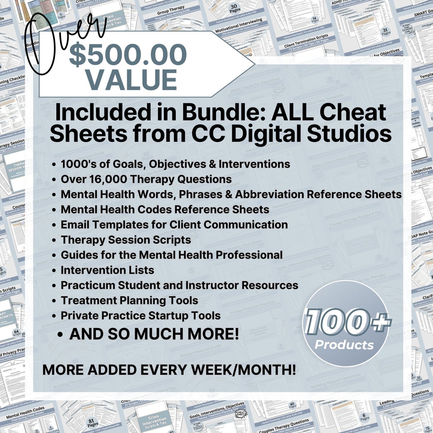 Therapy Cheat Sheet WHOLE SHOP bundle is here!  Save 35% on cheat sheet AND get 6 months of FREE products added monthly!  Therapy Objectives and Goals, Therapy Questions, SMART Goals, Therapy Interventions, Guides