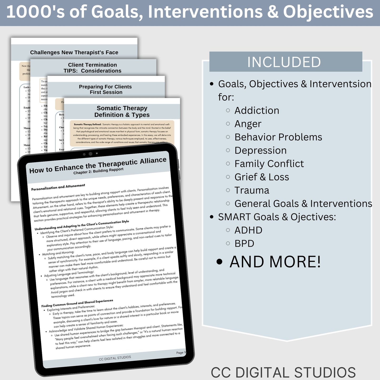 Therapy Cheat Sheet WHOLE SHOP bundle is here!  Save 35% on cheat sheet AND get 6 months of FREE products added monthly!  Therapy Objectives and Goals, Therapy Questions, SMART Goals, Therapy Interventions, Guides