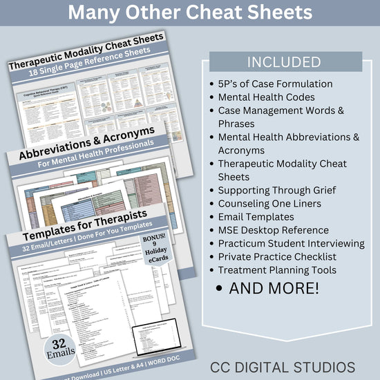 Whole Shop Bundle Therapy Cheat Sheets, Therapy Objectives and Goals, Therapy Questions, SMART Goals, Therapy Interventions, Guides