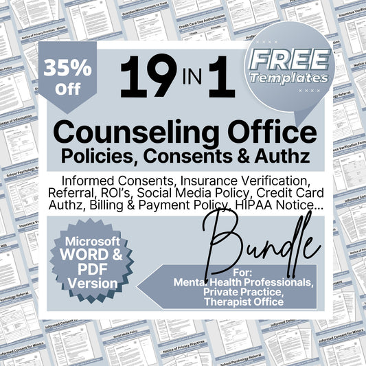 SAVE 35% by purchasing the forms bundle. &nbsp;And save time! &nbsp;Therapy private practice policies, authorizations, notices &amp; consents for your therapy office built and ready for you to use.