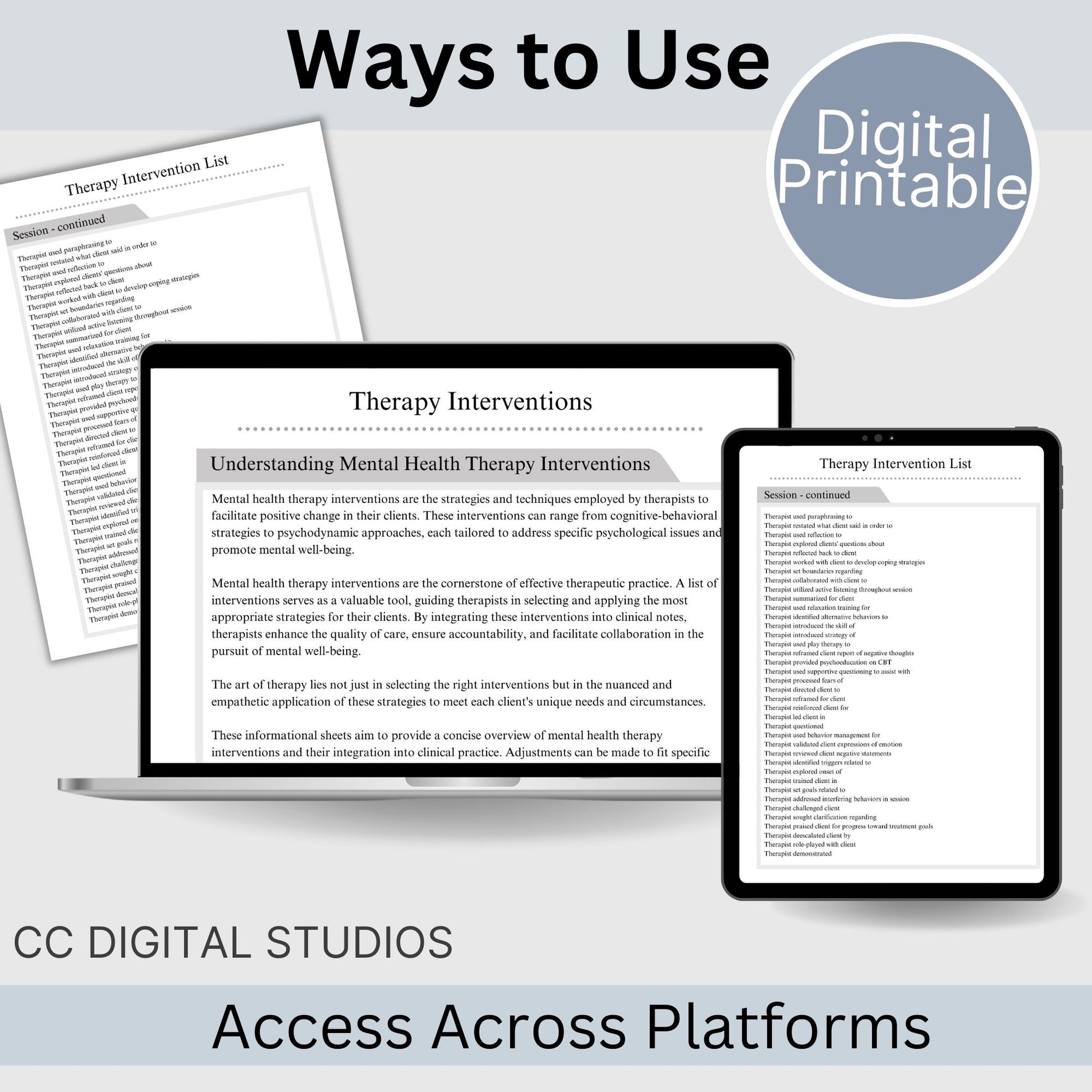 Comprehensive list of psychotherapy interventions that can be personalized for individual clients.  Use this therapy tool of clinical terms to identify phrases and starter statements that are most applicable.