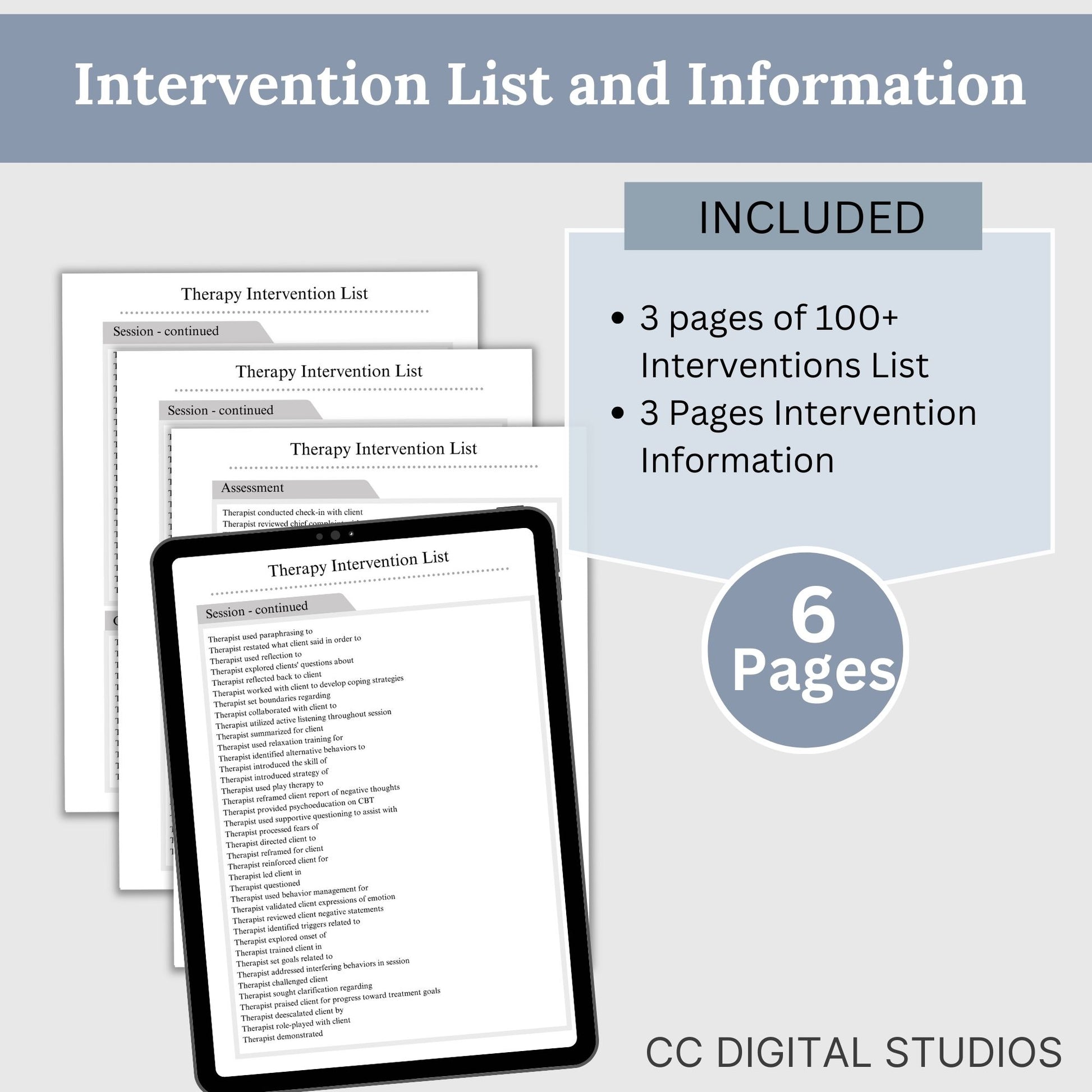 Comprehensive list of psychotherapy interventions that can be personalized for individual clients.  Use this therapy tool of clinical terms to identify phrases and starter statements that are most applicable.