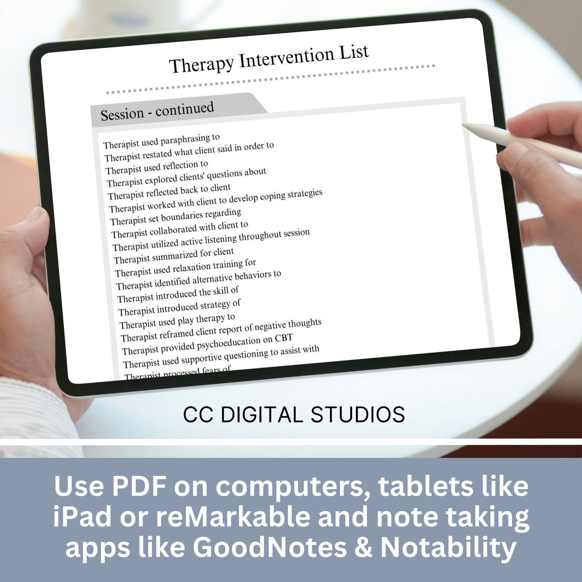 Comprehensive list of psychotherapy interventions that can be personalized for individual clients.  Use this therapy tool of clinical terms to identify phrases and starter statements that are most applicable.