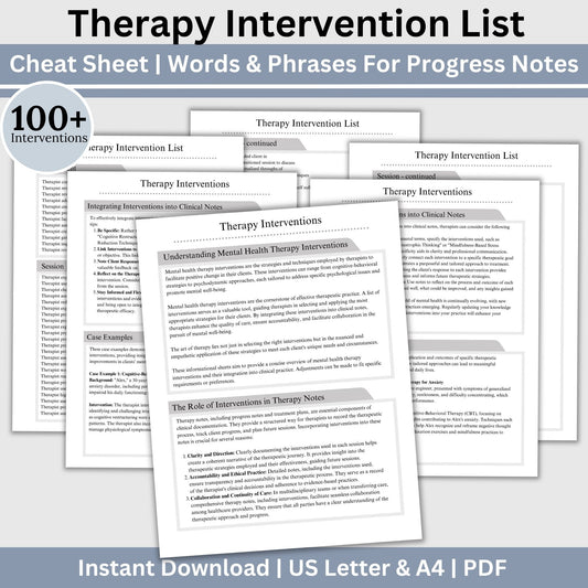 Comprehensive list of psychotherapy interventions that can be personalized for individual clients.  Use this therapy tool of clinical terms to identify phrases and starter statements that are most applicable.