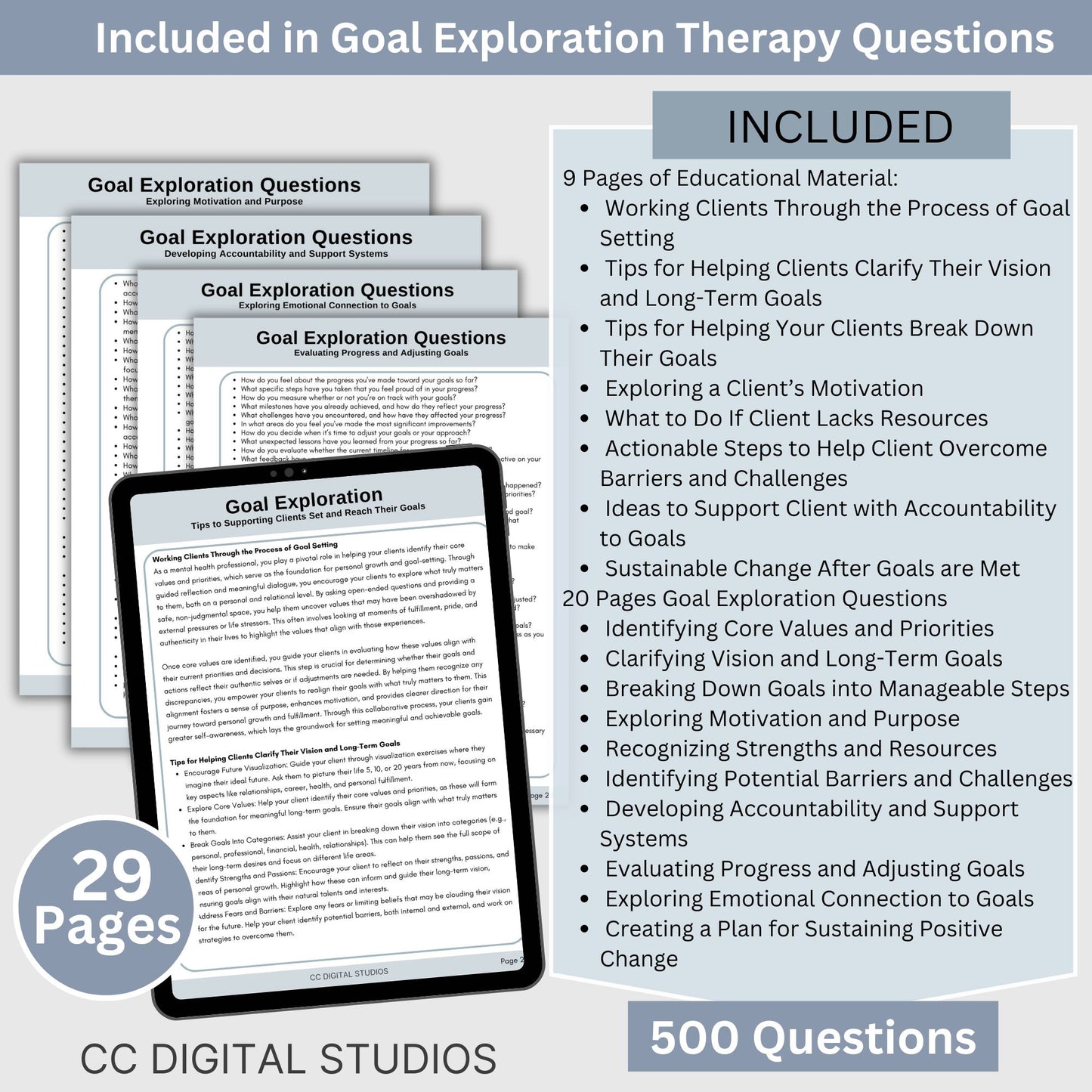  7,205 therapy questions across 300+ pages. SAVE 25% with Bundle. This essential resource for mental health professionals includes leading questions, exception questions, miracle questions, scaling questions, clarifying questions, probing questions, coping skills questions, and goal exploration questions. 