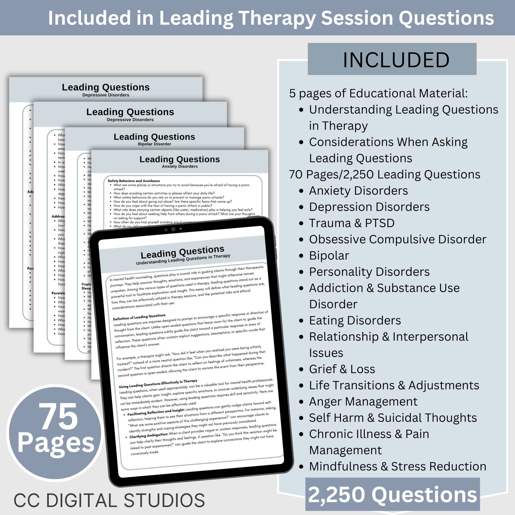  7,205 therapy questions across 300+ pages. SAVE 25% with Bundle. This essential resource for mental health professionals includes leading questions, exception questions, miracle questions, scaling questions, clarifying questions, probing questions, coping skills questions, and goal exploration questions. 